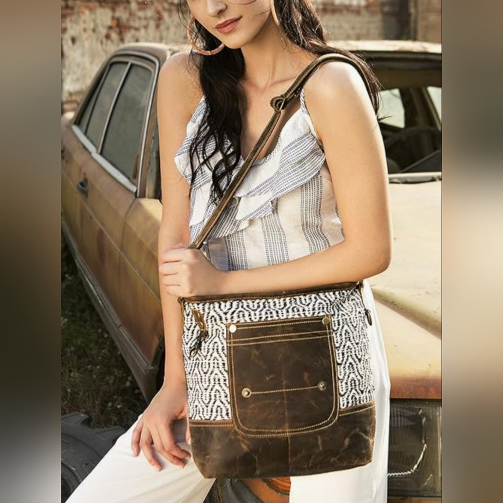 Myra Bag Burnt Sienna Brown Canvas Cotton/Leather Shoulder Bag 14"×11"×4"